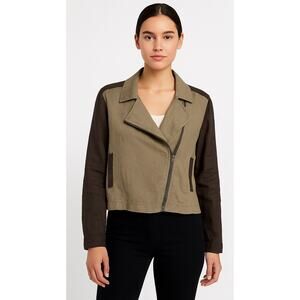 Green Eileen Fisher Organic Linen Moto Jacket Two-Tone Brown Medium